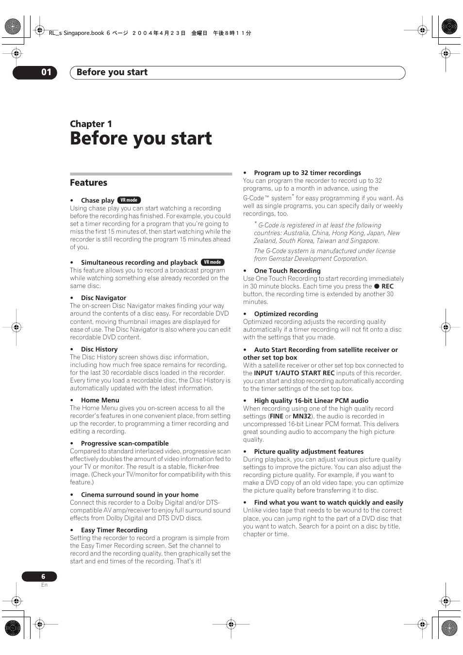 01 before you start, Features, Before you start | Before you start 01, Chapter 1 | Pioneer DVR-320-S User Manual | Page 6 / 100