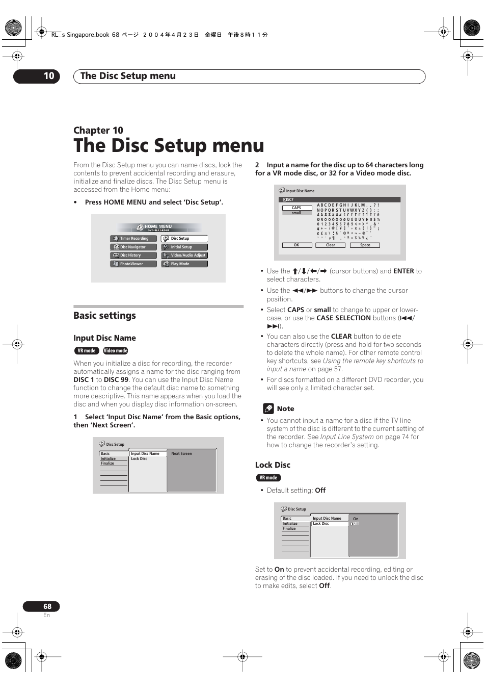 10 the disc setup menu, Basic settings, The disc setup menu | The disc setup menu 10, Chapter 10, Input disc name, Lock disc | Pioneer DVR-320-S User Manual | Page 68 / 100