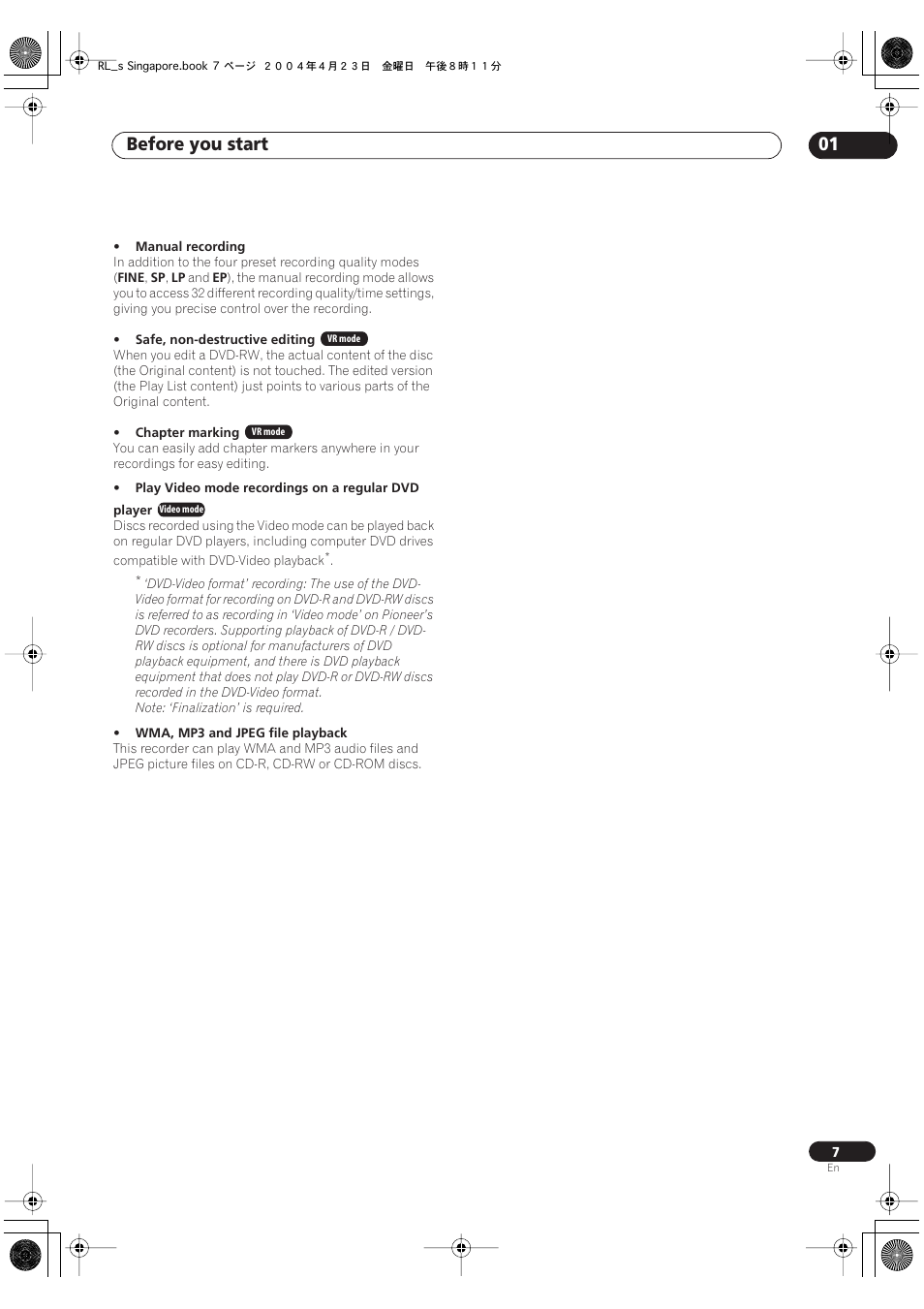 Before you start 01 | Pioneer DVR-320-S User Manual | Page 7 / 100