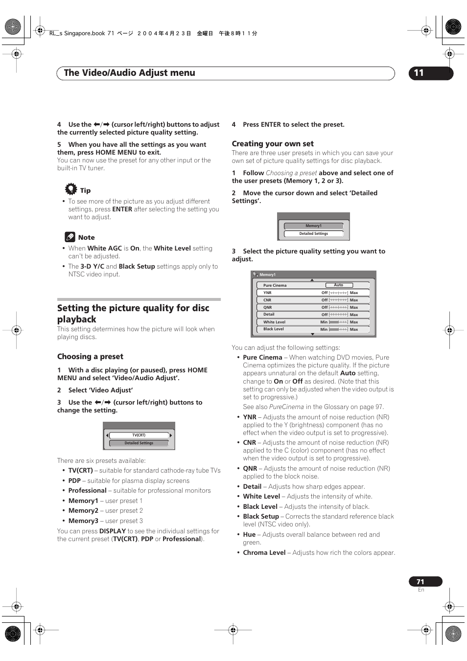 Setting the picture quality for disc playback, The video/audio adjust menu 11 | Pioneer DVR-320-S User Manual | Page 71 / 100