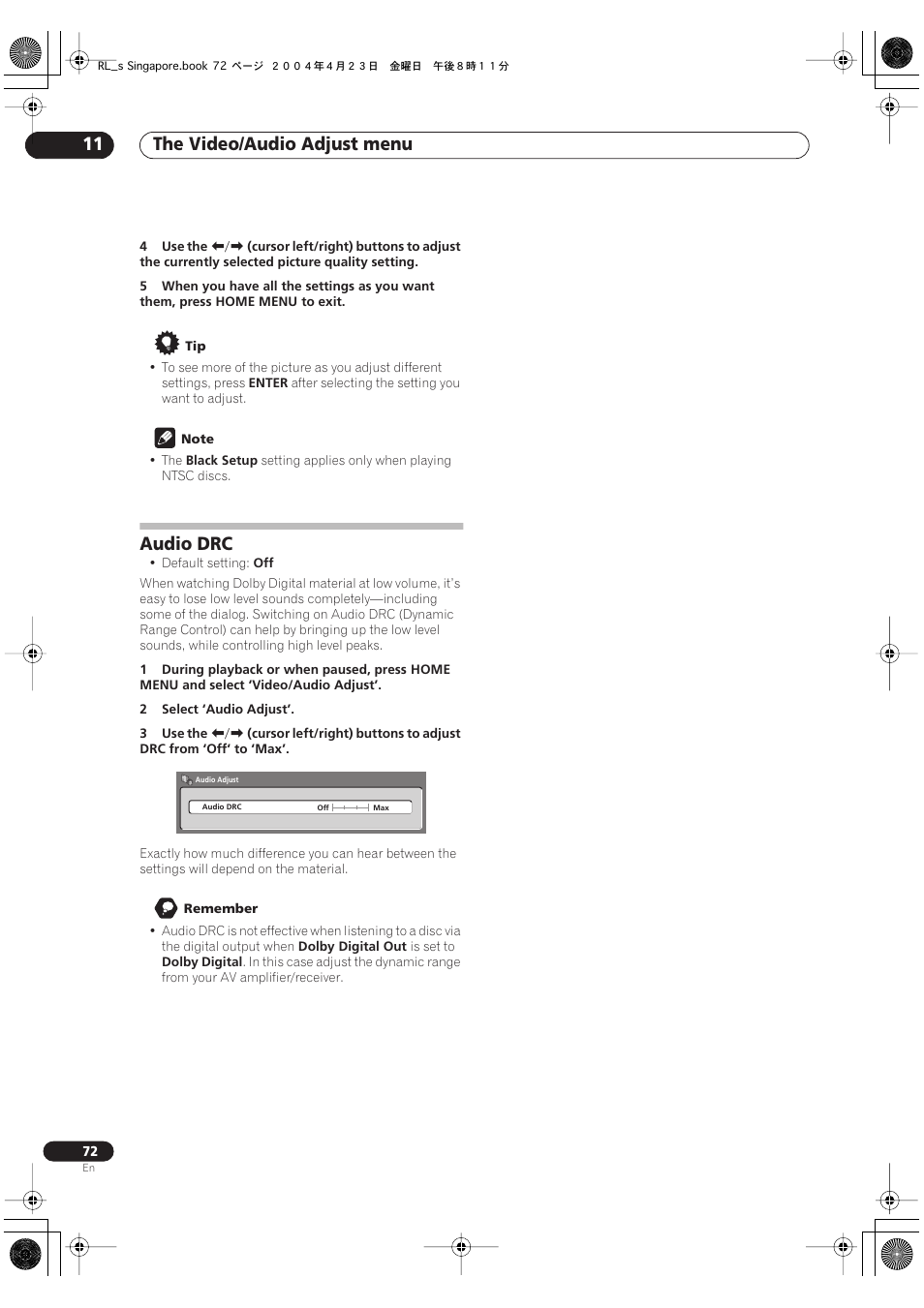 Audio drc, The video/audio adjust menu 11 | Pioneer DVR-320-S User Manual | Page 72 / 100