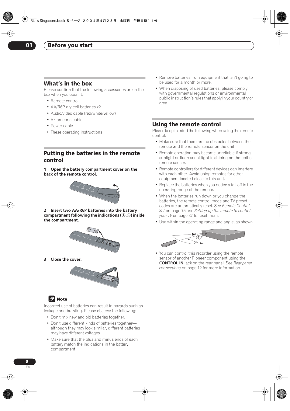 What’s in the box, Putting the batteries in the remote control, Using the remote control | Before you start 01 | Pioneer DVR-320-S User Manual | Page 8 / 100