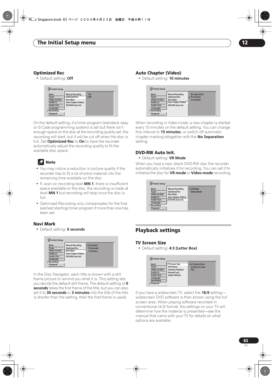 Playback settings, The initial setup menu 12 | Pioneer DVR-320-S User Manual | Page 83 / 100