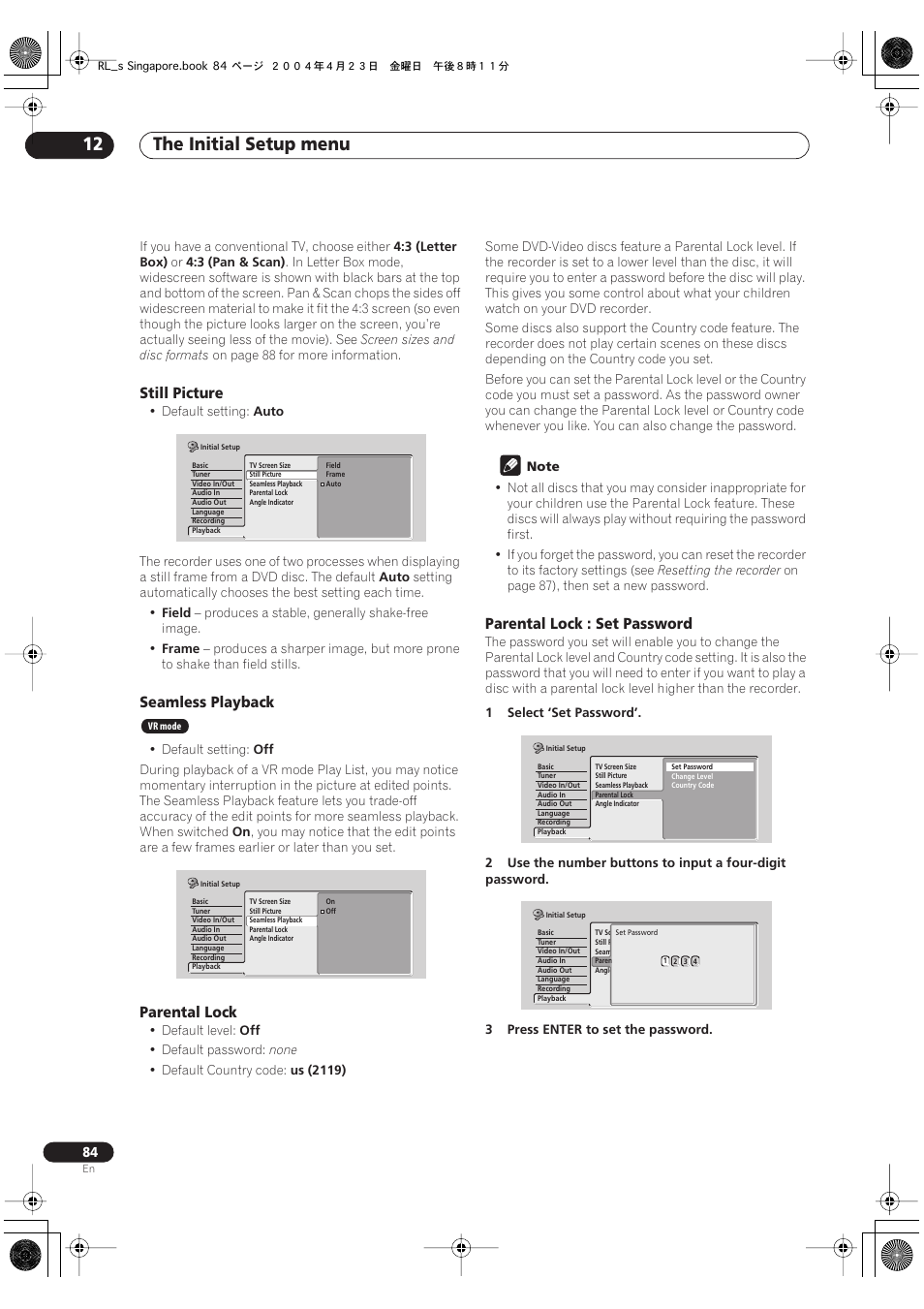 The initial setup menu 12 | Pioneer DVR-320-S User Manual | Page 84 / 100