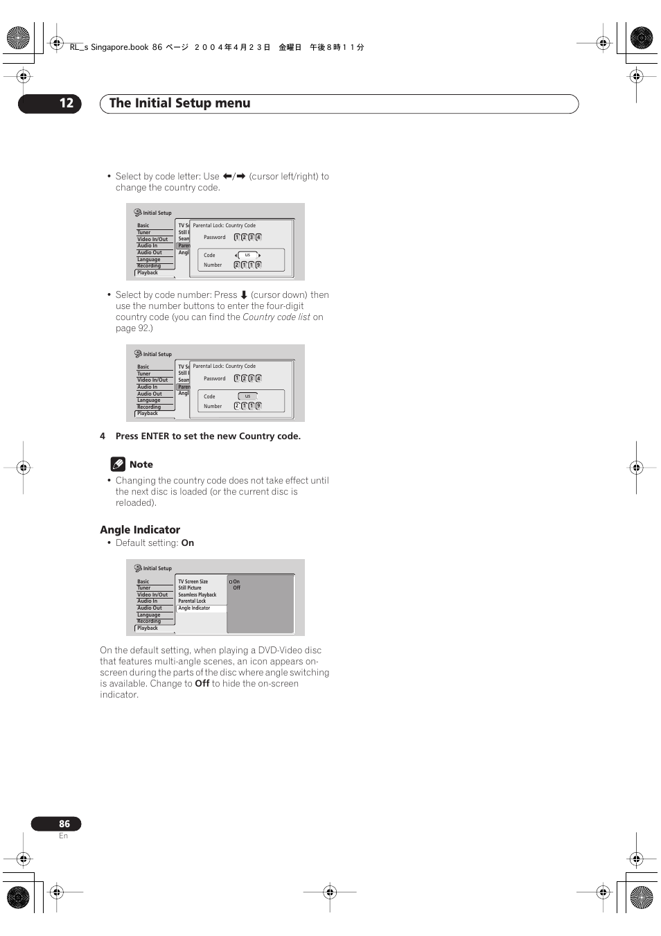 The initial setup menu 12, Angle indicator | Pioneer DVR-320-S User Manual | Page 86 / 100