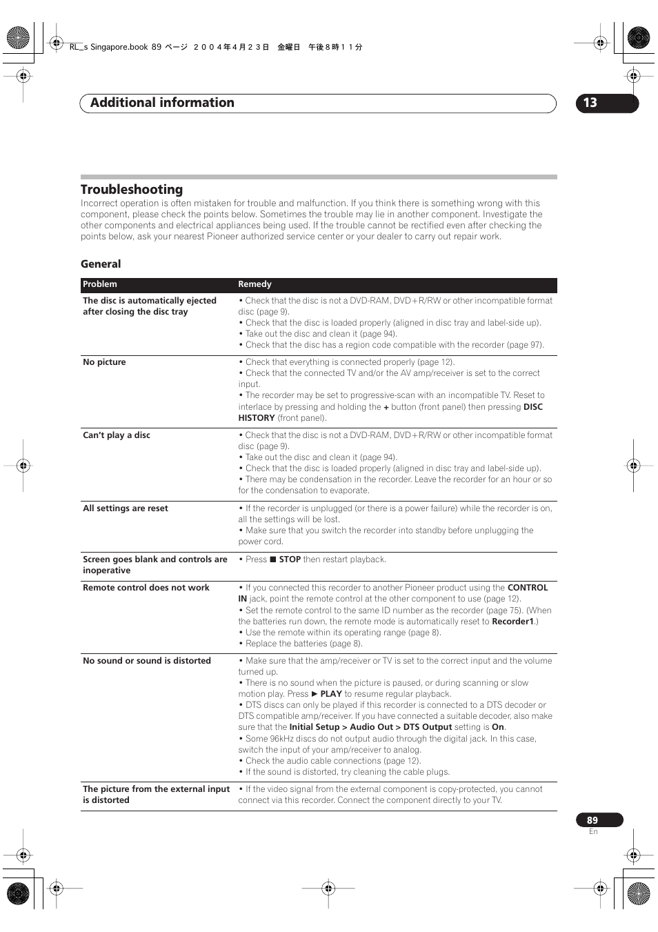 Troubleshooting, Additional information 13, General | Pioneer DVR-320-S User Manual | Page 89 / 100