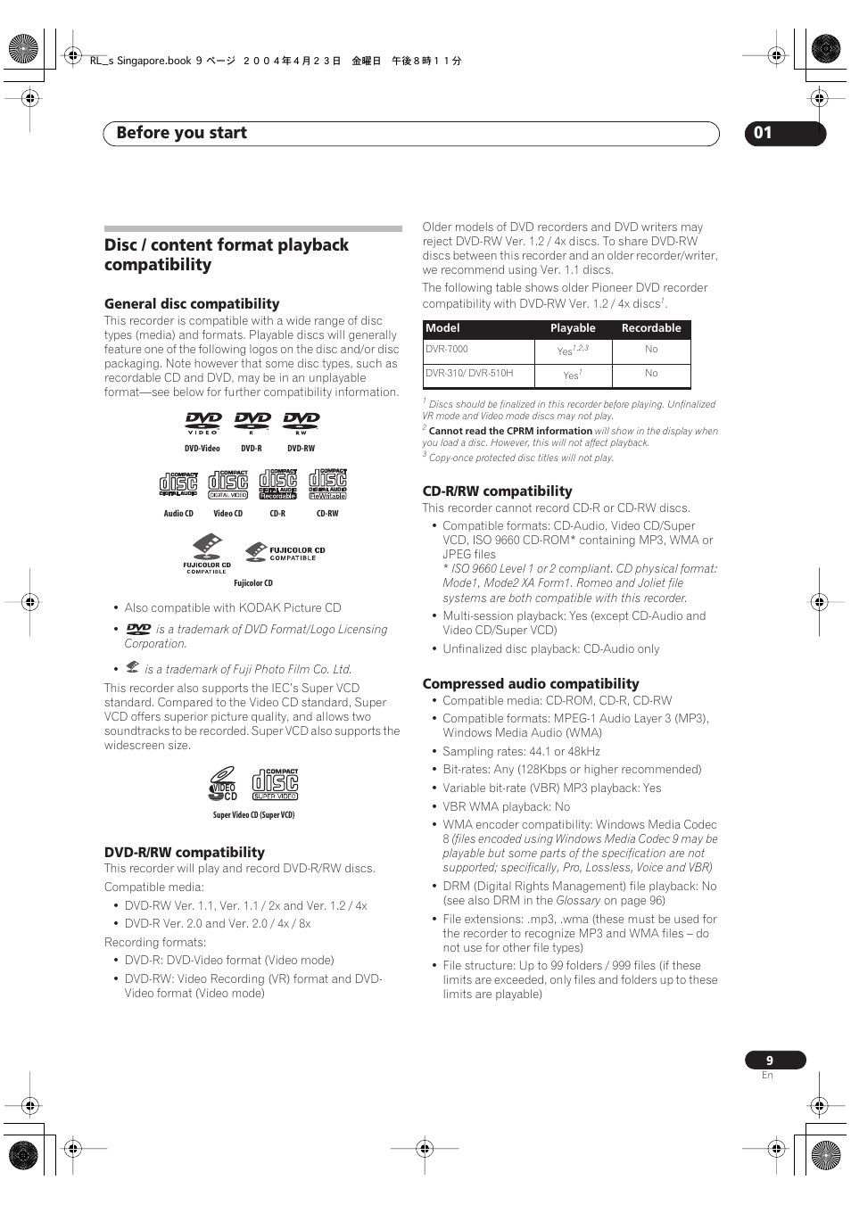 Disc / content format playback compatibility, Before you start 01, General disc compatibility | Dvd-r/rw compatibility, Cd-r/rw compatibility, Compressed audio compatibility | Pioneer DVR-320-S User Manual | Page 9 / 100