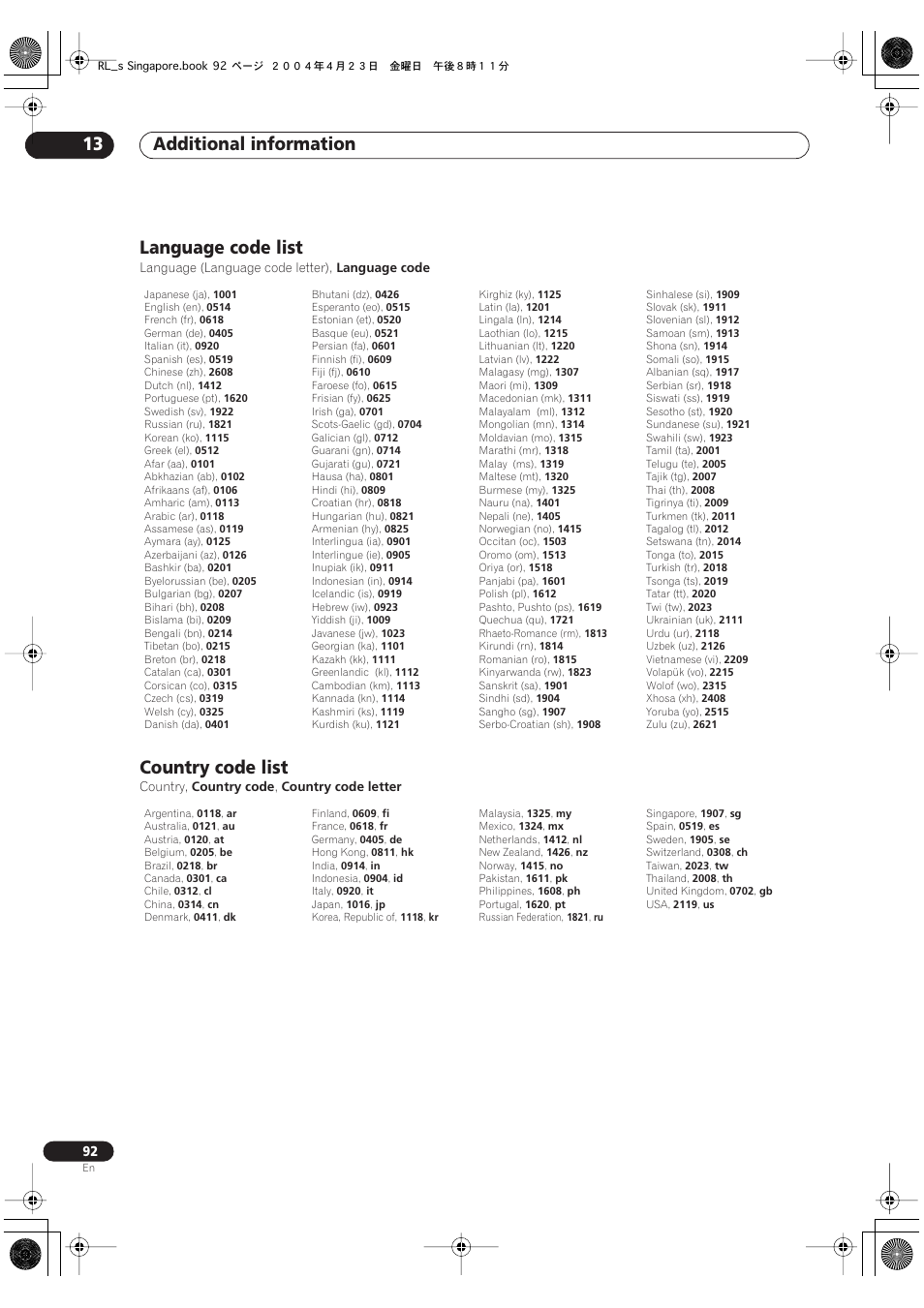 Language code list, Country code list, Additional information 13 | Pioneer DVR-320-S User Manual | Page 92 / 100