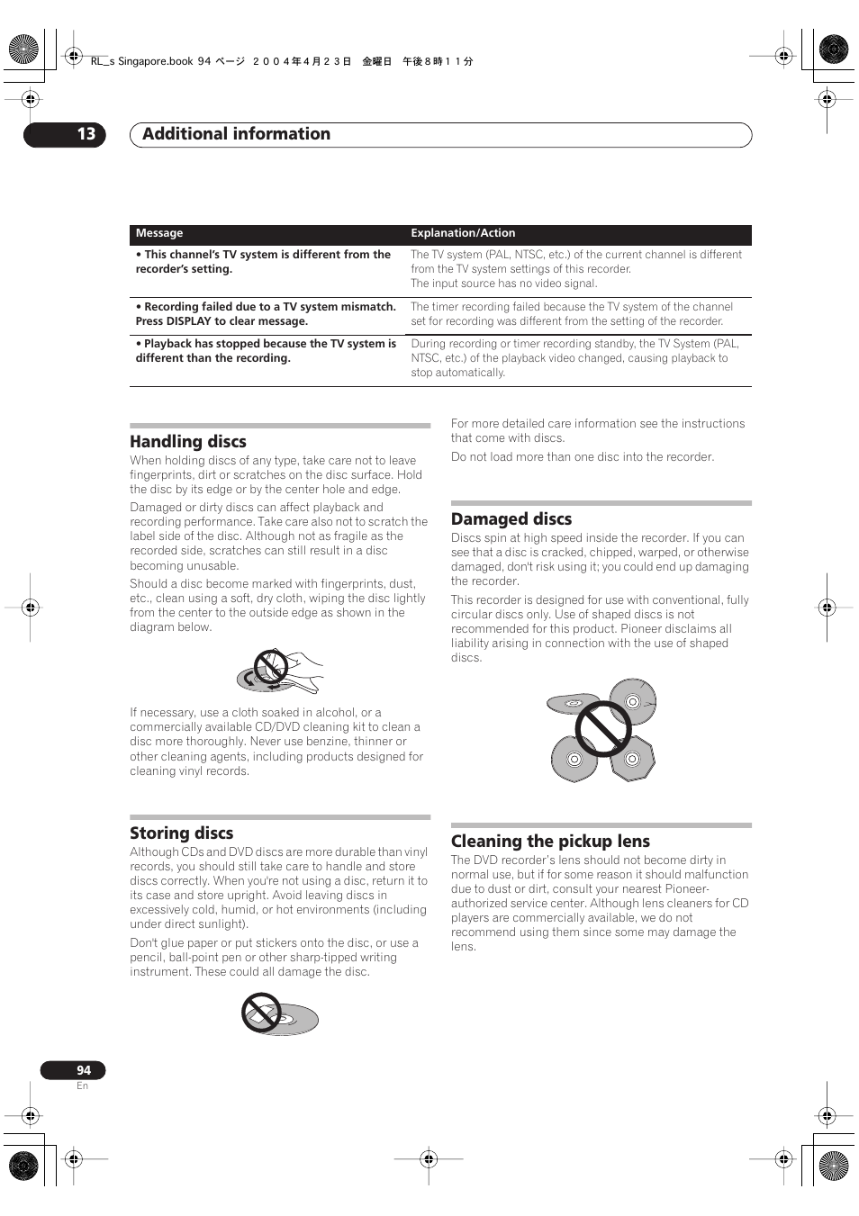 Handling discs, Storing discs, Damaged discs | Cleaning the pickup lens, Additional information 13 | Pioneer DVR-320-S User Manual | Page 94 / 100