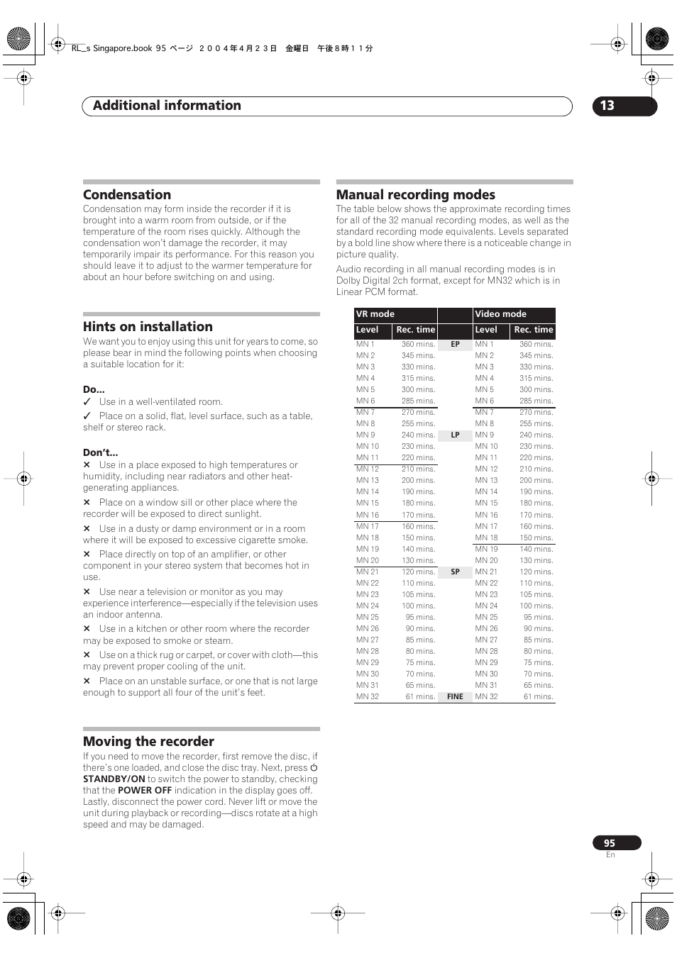 Condensation, Hints on installation, Moving the recorder | Manual recording modes, Additional information 13 | Pioneer DVR-320-S User Manual | Page 95 / 100