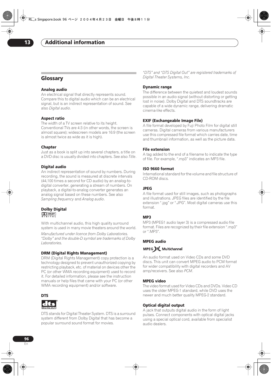Glossary, Additional information 13 | Pioneer DVR-320-S User Manual | Page 96 / 100