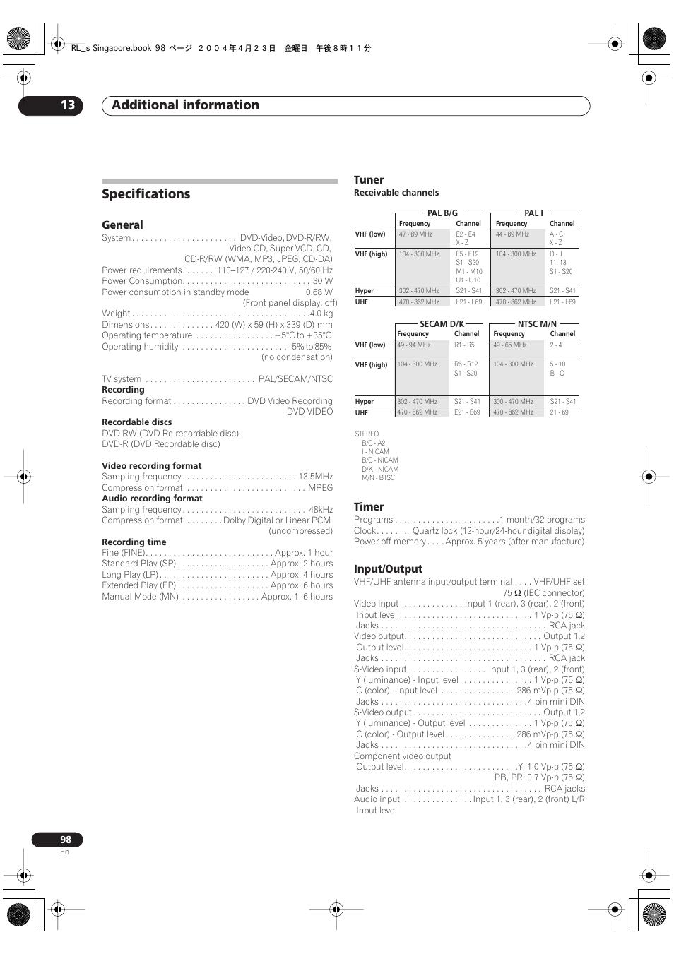 Specifications, Additional information 13, General | Tuner, Timer, Input/output | Pioneer DVR-320-S User Manual | Page 98 / 100