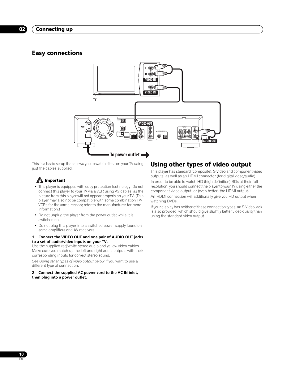 Easy connections, Using other types of video output, Connecting up 02 | Pioneer BDP-LX 70 User Manual | Page 10 / 64