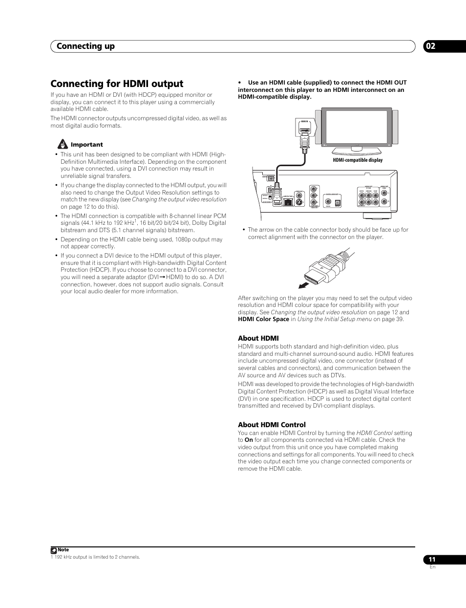 Connecting for hdmi output, Connecting up 02, About hdmi | About hdmi control | Pioneer BDP-LX 70 User Manual | Page 11 / 64