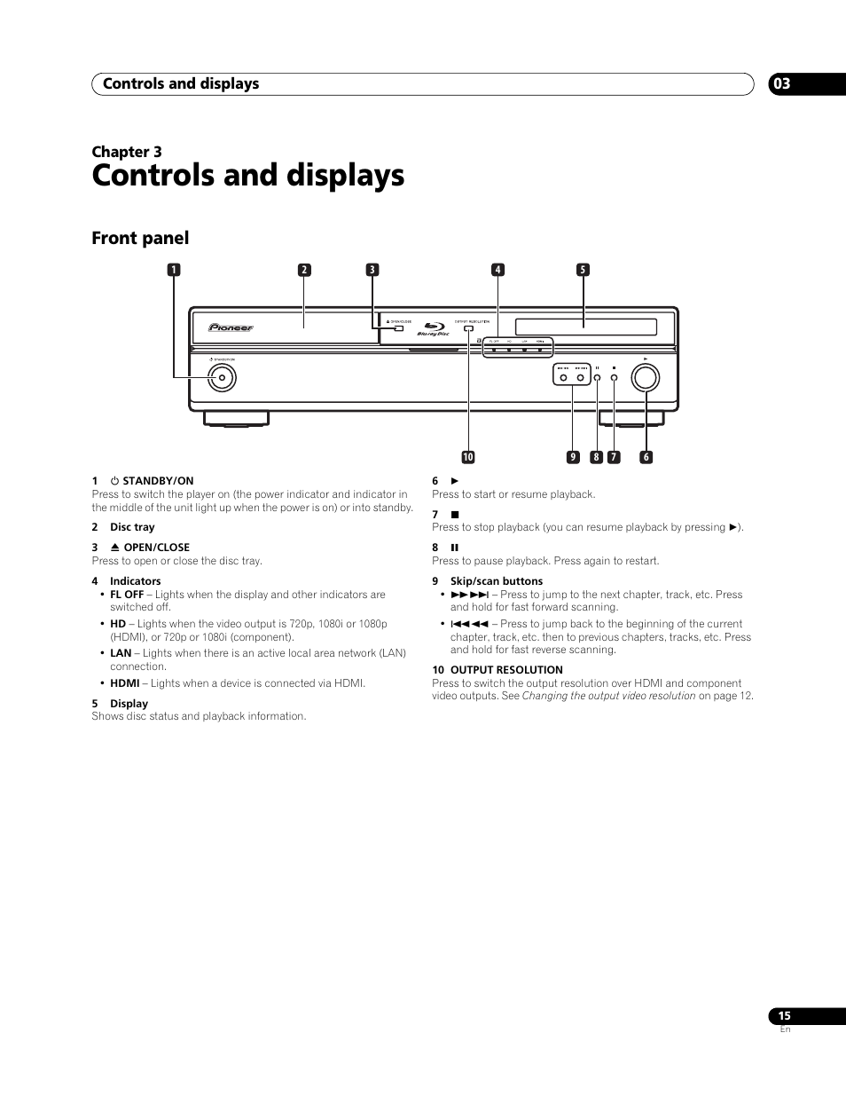 03 controls and displays, Front panel, Controls and displays | Controls and displays 03, Chapter 3 | Pioneer BDP-LX 70 User Manual | Page 15 / 64