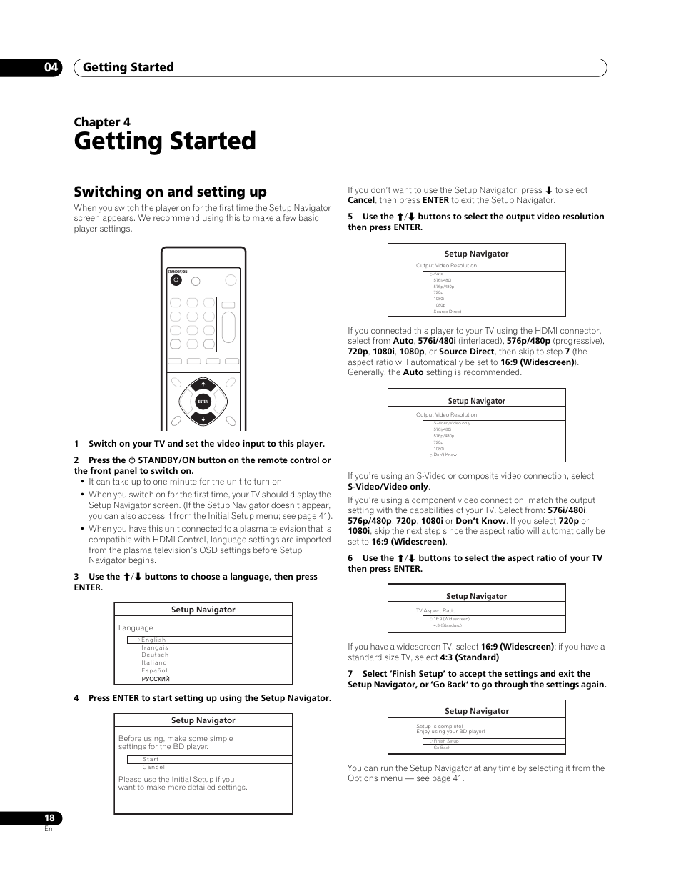 04 getting started, Switching on and setting up, Getting started | Getting started 04, Chapter 4 | Pioneer BDP-LX 70 User Manual | Page 18 / 64