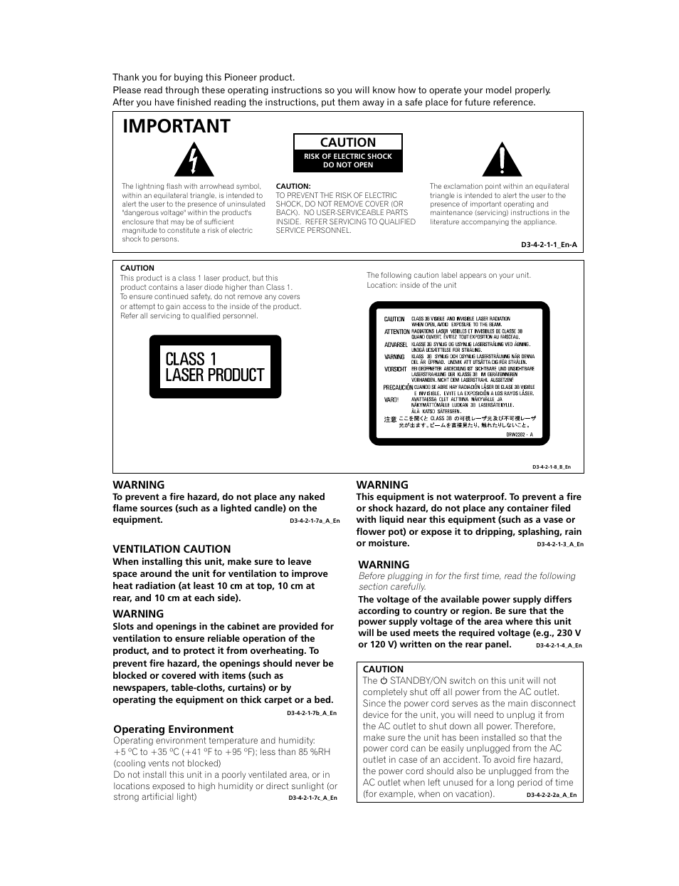 Important, Caution | Pioneer BDP-LX 70 User Manual | Page 2 / 64