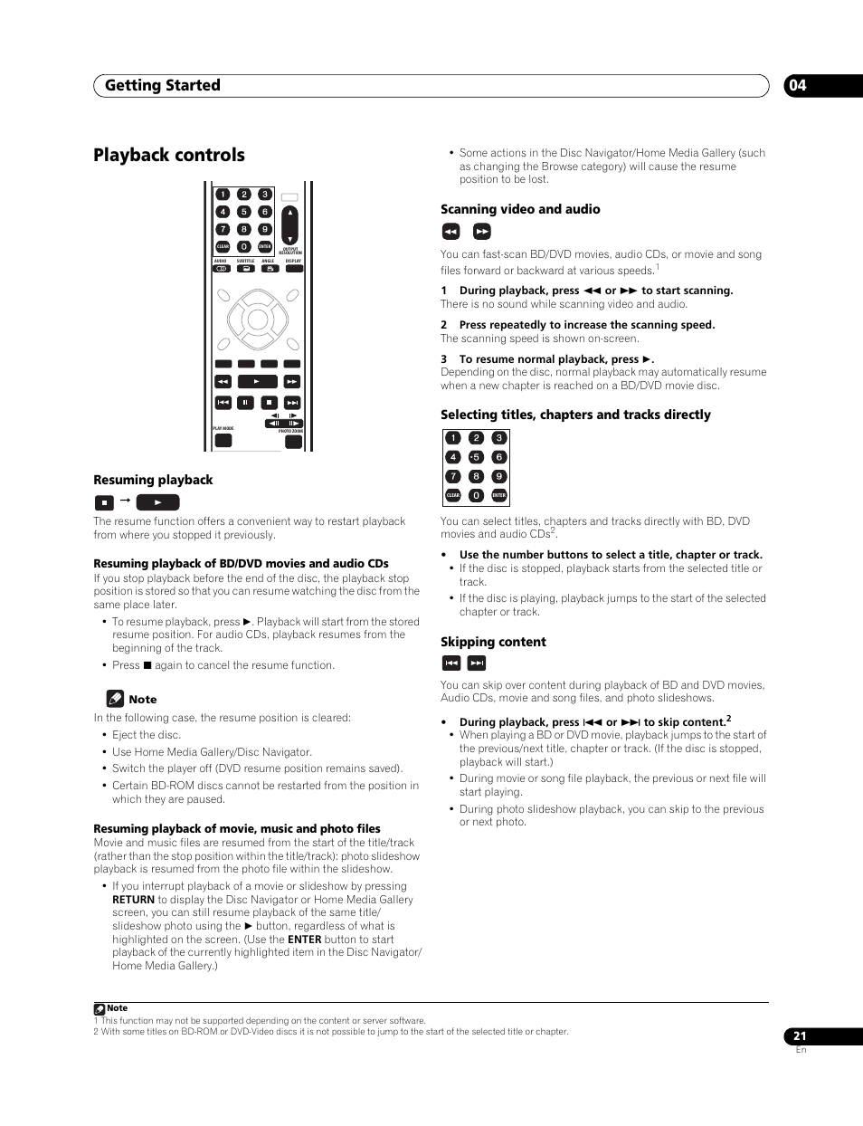 Playback controls, Getting started 04 | Pioneer BDP-LX 70 User Manual | Page 21 / 64