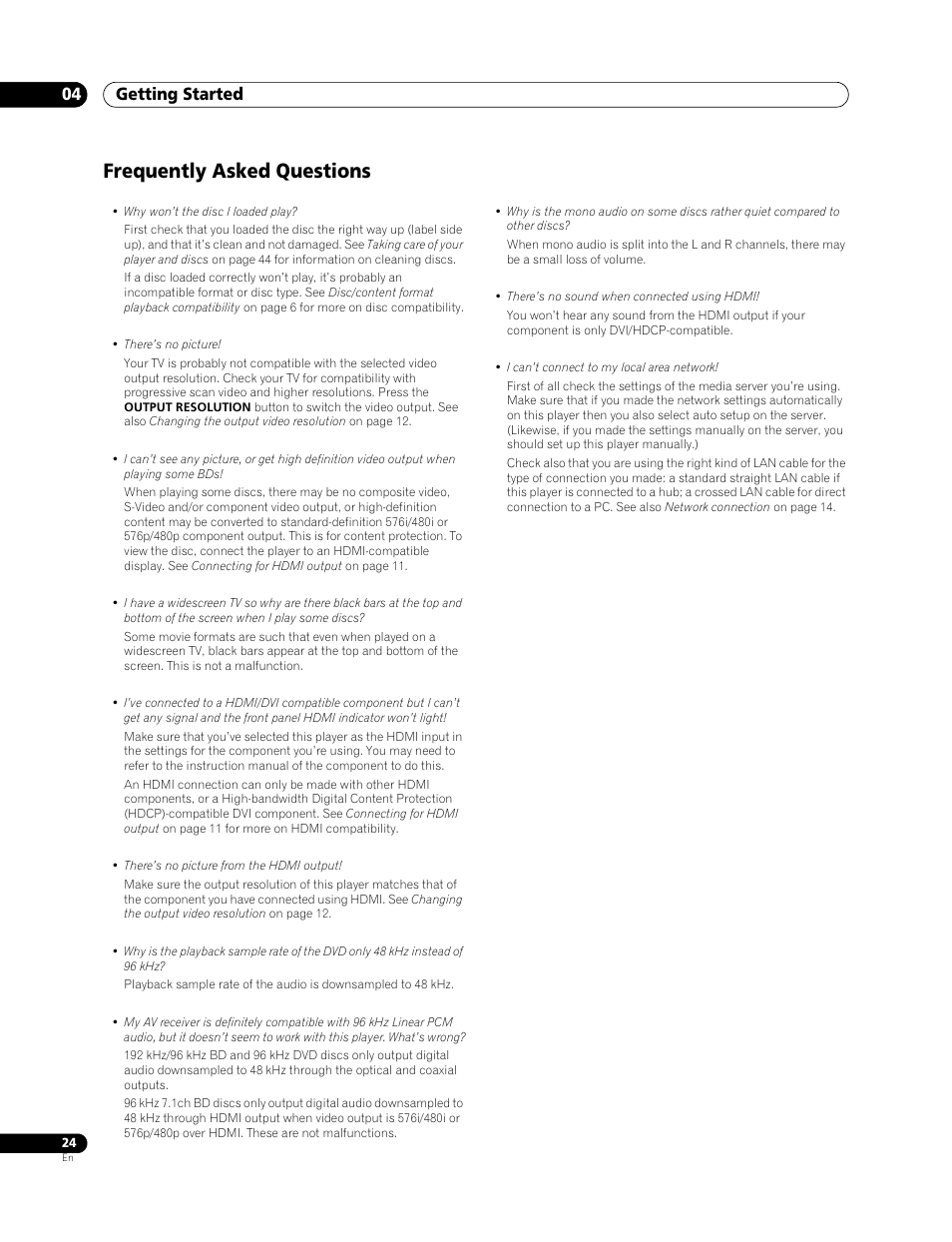 Frequently asked questions, Getting started 04 | Pioneer BDP-LX 70 User Manual | Page 24 / 64
