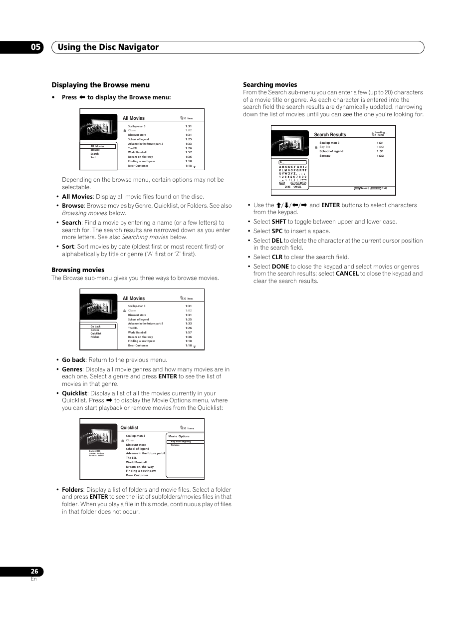 Using the disc navigator 05, Displaying the browse menu, Browsing movies | Searching movies | Pioneer BDP-LX 70 User Manual | Page 26 / 64