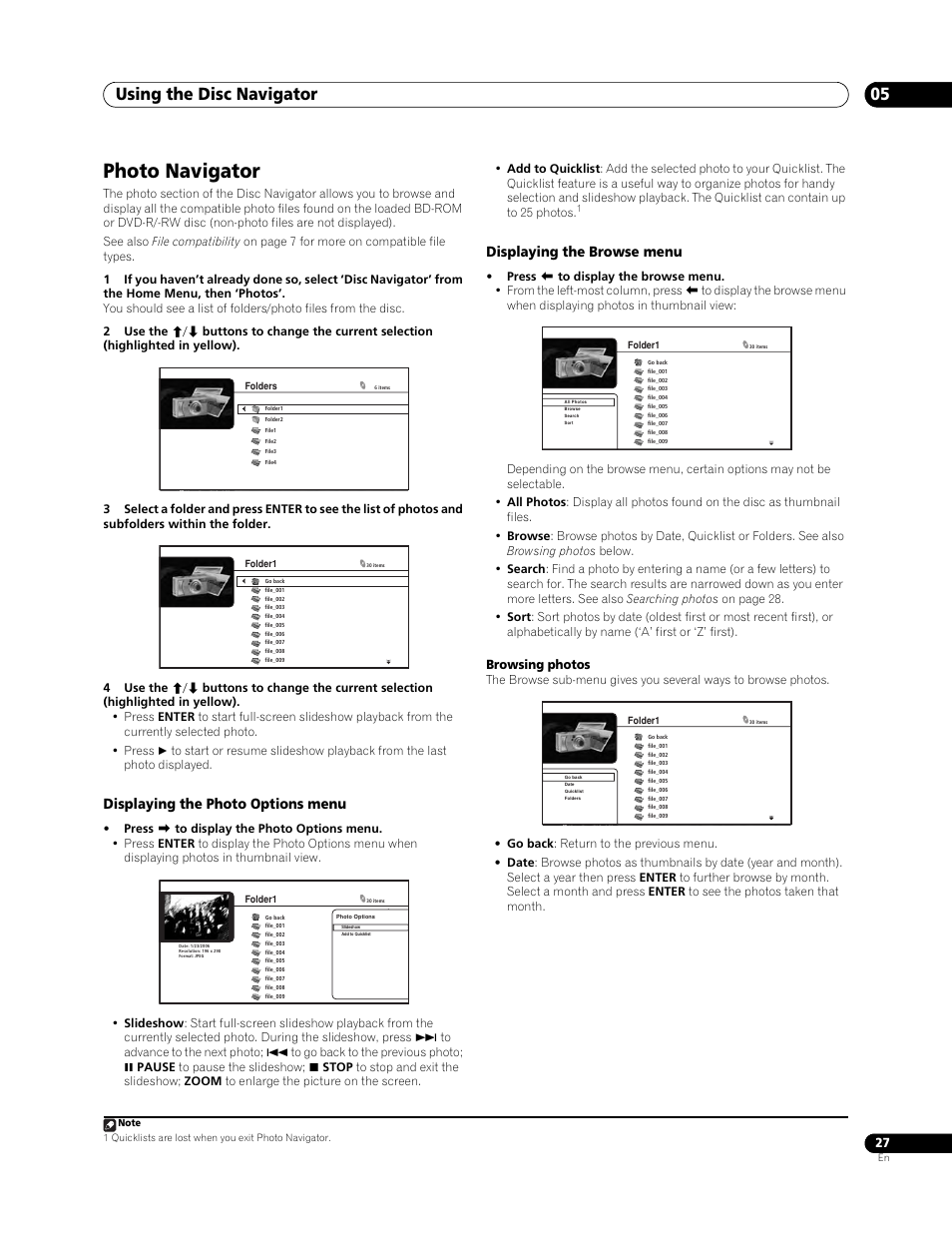 Photo navigator, Using the disc navigator 05, Displaying the photo options menu | Displaying the browse menu, Browsing photos | Pioneer BDP-LX 70 User Manual | Page 27 / 64