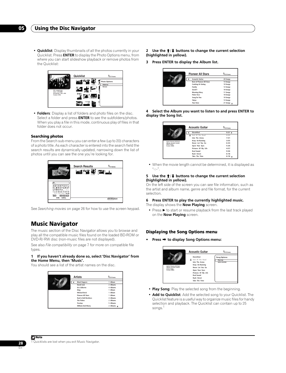 Music navigator, Using the disc navigator 05, Displaying the song options menu | Searching photos | Pioneer BDP-LX 70 User Manual | Page 28 / 64