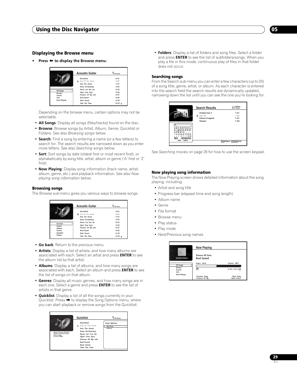 Using the disc navigator 05, Displaying the browse menu, Browsing songs | Searching songs, Now playing song information | Pioneer BDP-LX 70 User Manual | Page 29 / 64