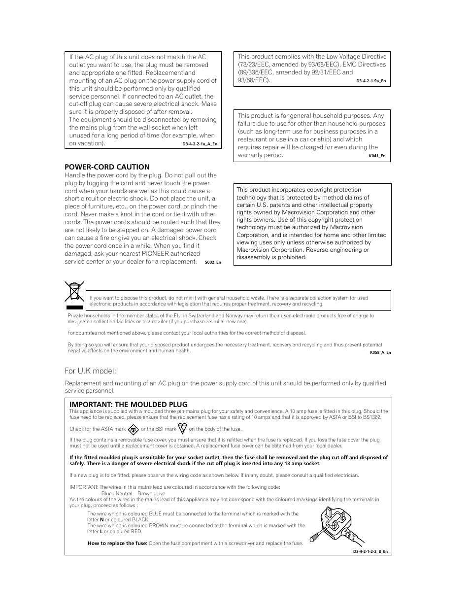 For u.k model, Important: the moulded plug, Power-cord caution | Pioneer BDP-LX 70 User Manual | Page 3 / 64