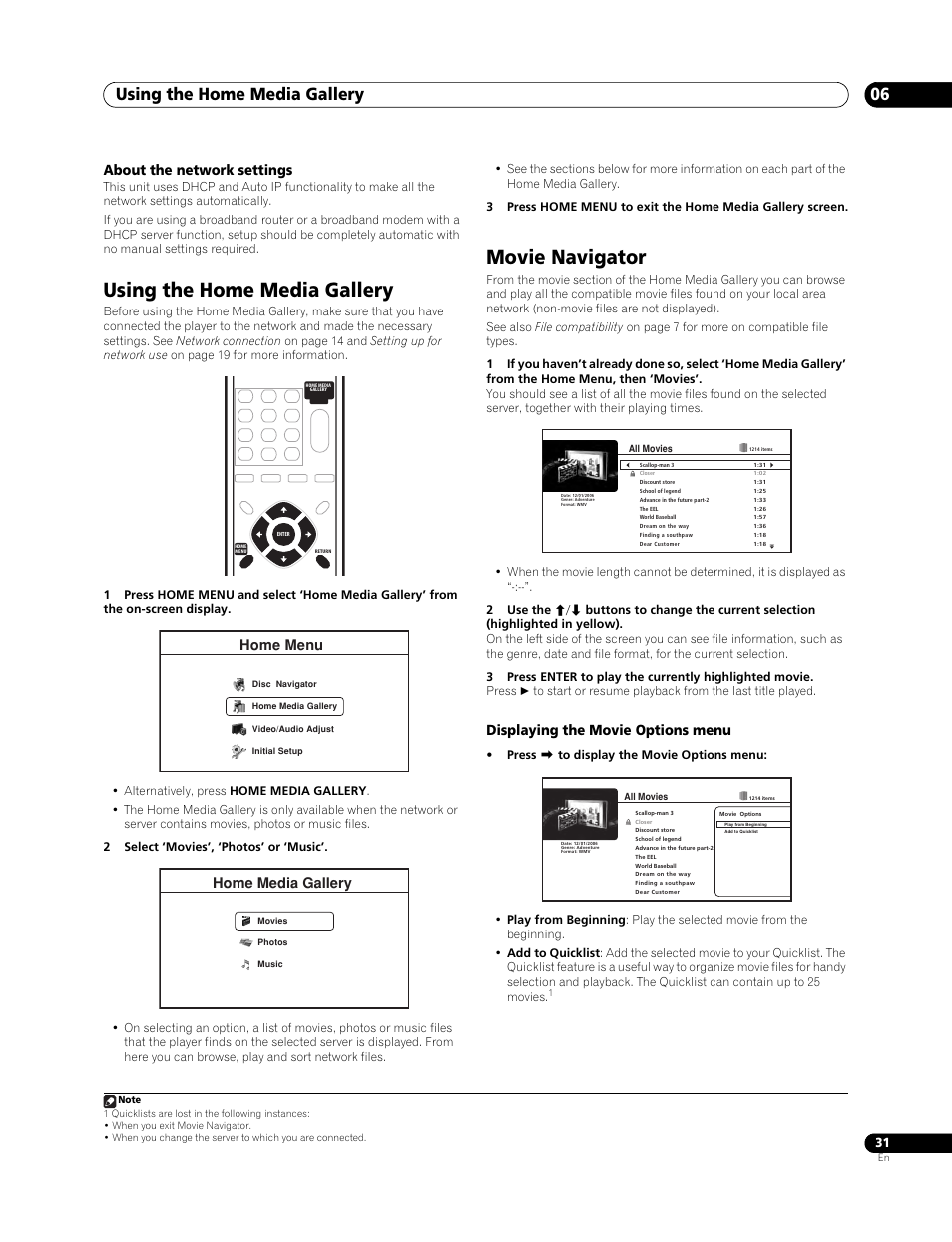 Using the home media gallery, Movie navigator, Using the home media gallery 06 | About the network settings, Displaying the movie options menu, Home menu, Home media gallery | Pioneer BDP-LX 70 User Manual | Page 31 / 64