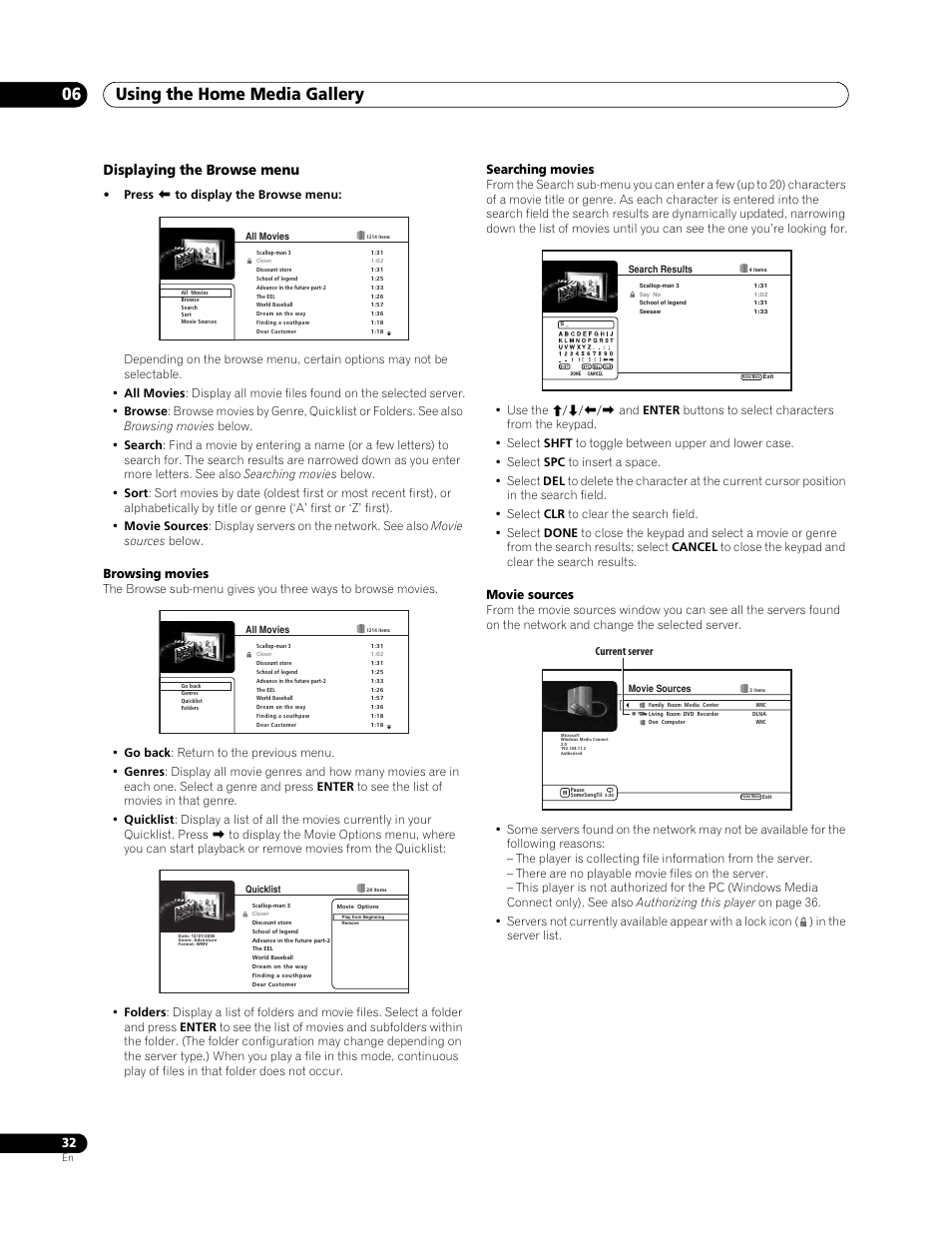 Using the home media gallery 06, Displaying the browse menu, Browsing movies | Searching movies, Movie sources | Pioneer BDP-LX 70 User Manual | Page 32 / 64