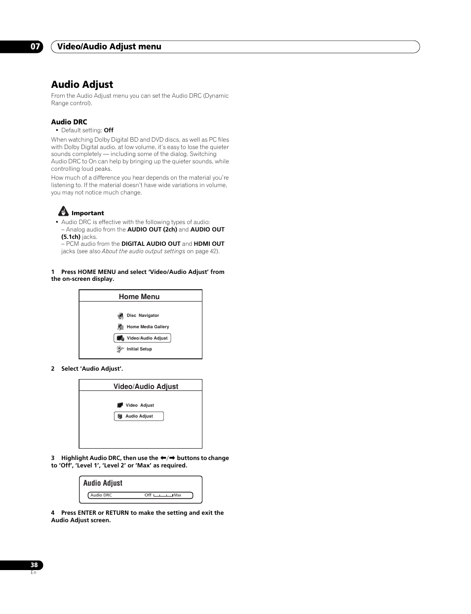 Audio adjust, Video/audio adjust menu 07 | Pioneer BDP-LX 70 User Manual | Page 38 / 64