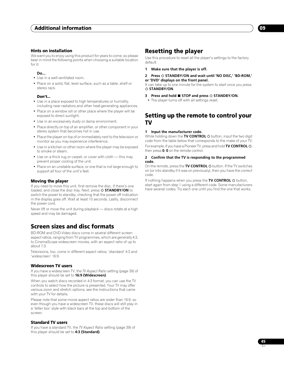 Screen sizes and disc formats, Resetting the player, Setting up the remote to control your tv | Additional information 09 | Pioneer BDP-LX 70 User Manual | Page 45 / 64