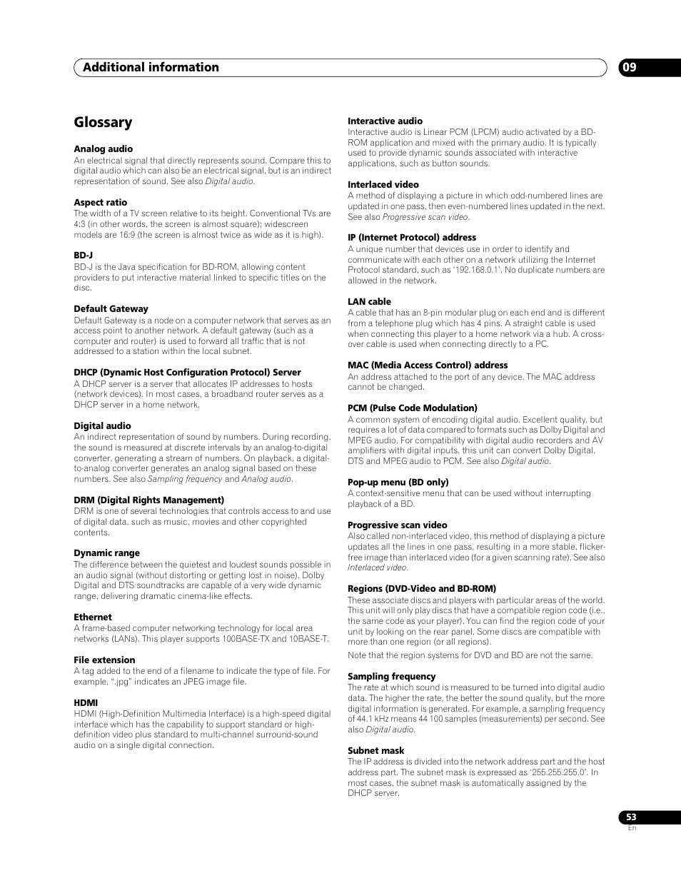 Glossary, Additional information 09 | Pioneer BDP-LX 70 User Manual | Page 53 / 64