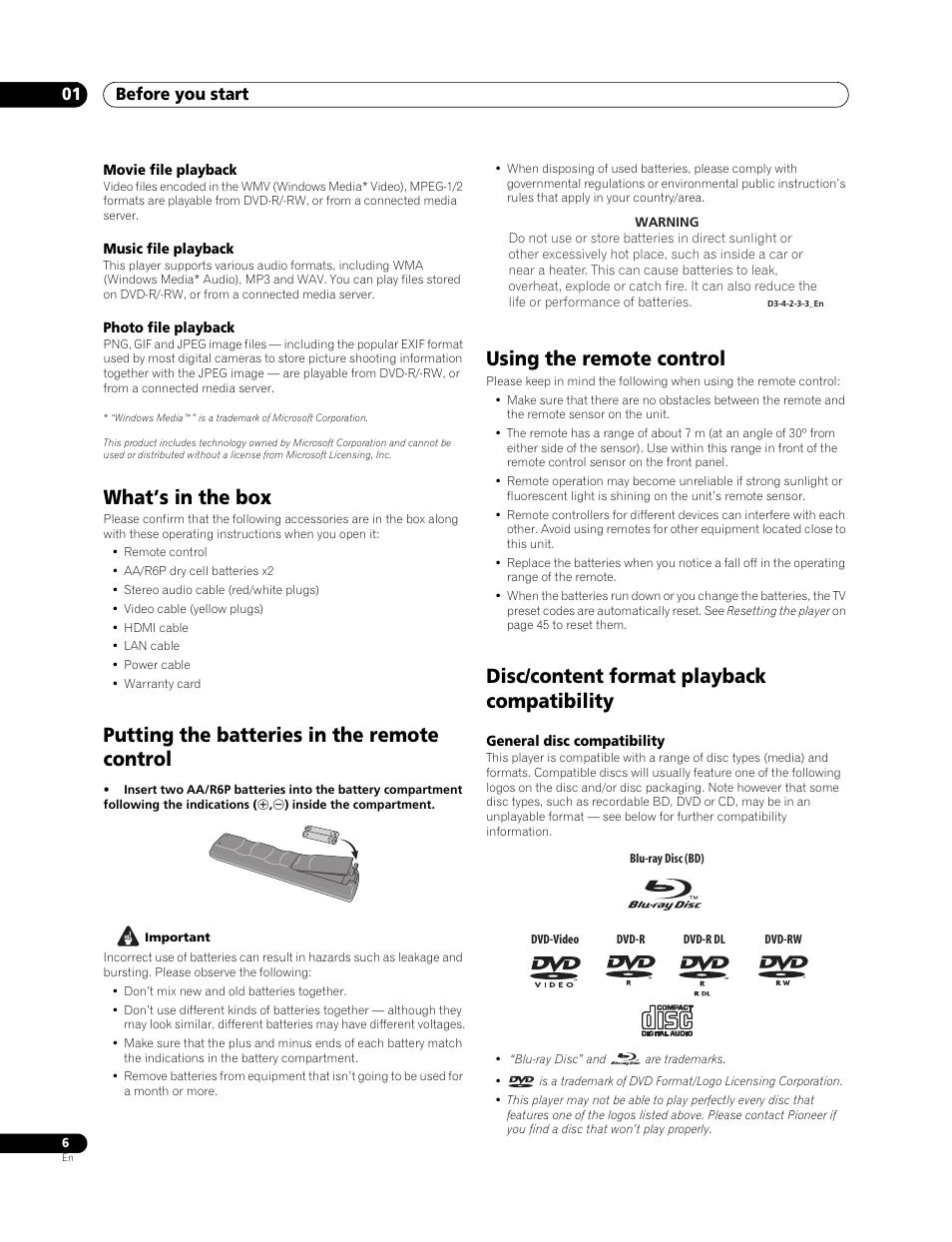 What’s in the box, Putting the batteries in the remote control, Using the remote control | Disc/content format playback compatibility, Before you start 01 | Pioneer BDP-LX 70 User Manual | Page 6 / 64
