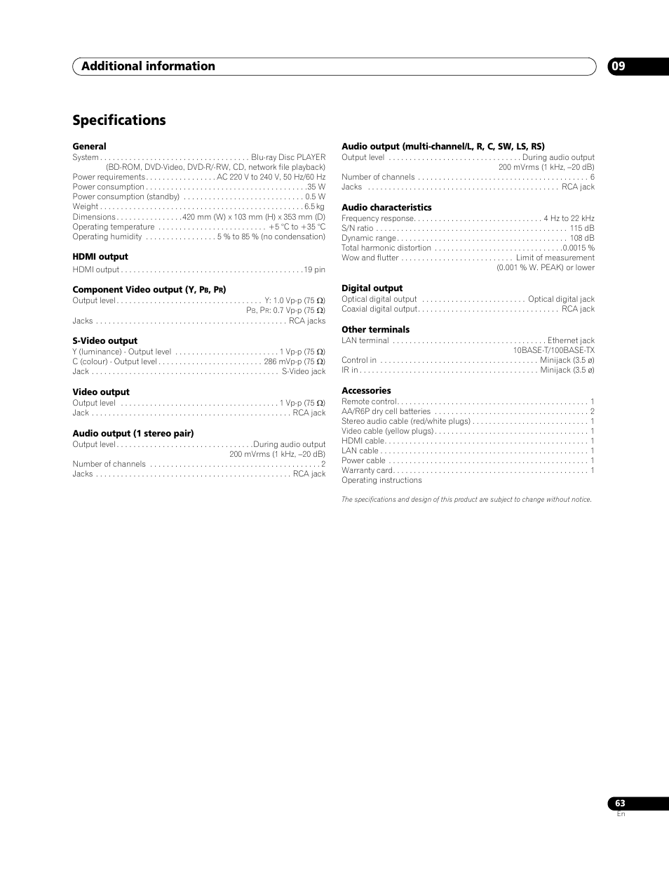 Specifications, Additional information 09 | Pioneer BDP-LX 70 User Manual | Page 63 / 64