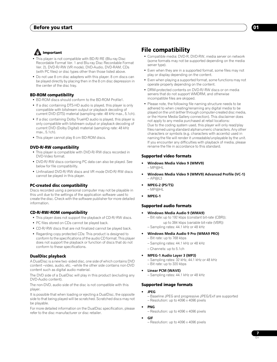 File compatibility, Before you start 01 | Pioneer BDP-LX 70 User Manual | Page 7 / 64