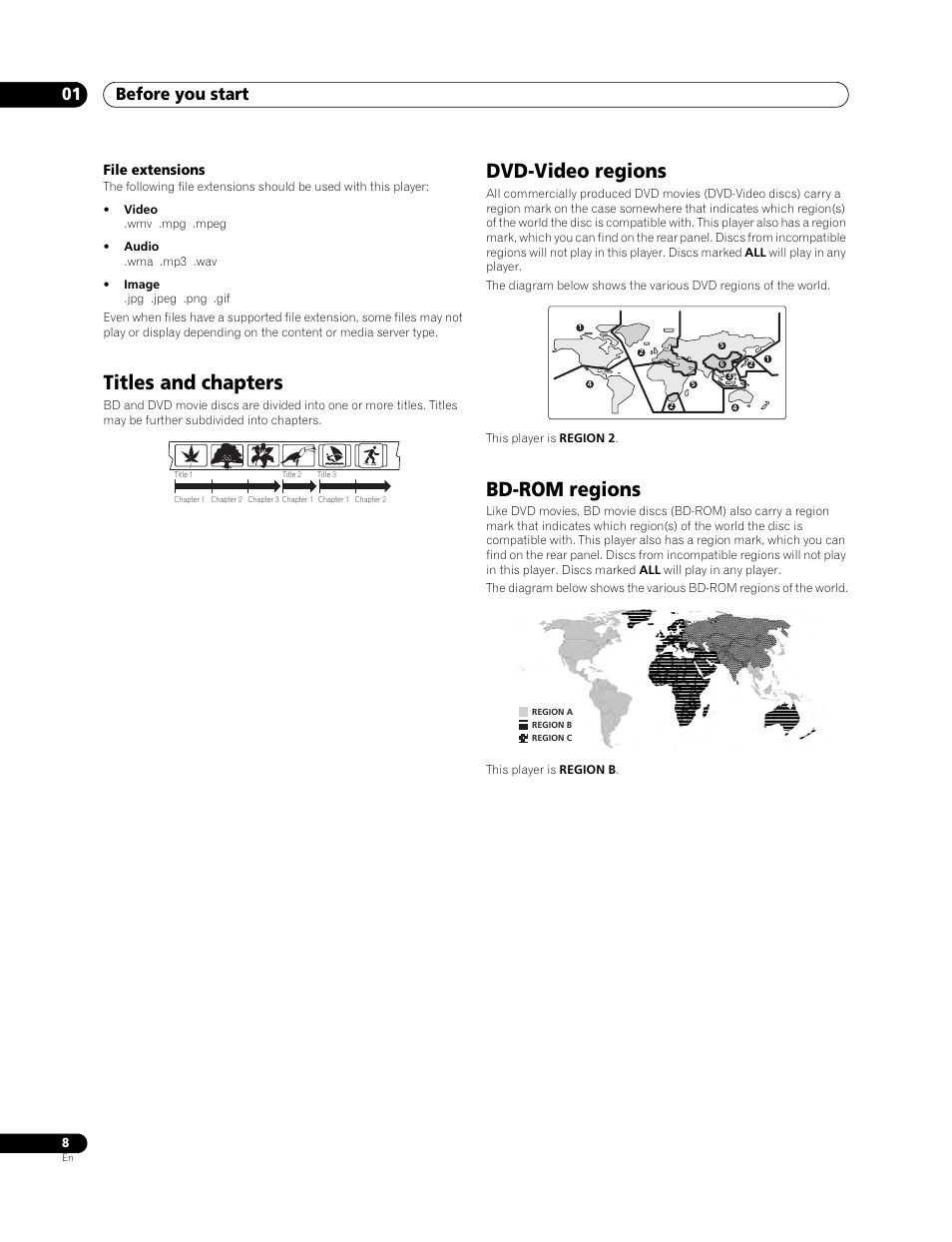 Titles and chapters, Dvd-video regions, Bd-rom regions | Before you start 01 | Pioneer BDP-LX 70 User Manual | Page 8 / 64