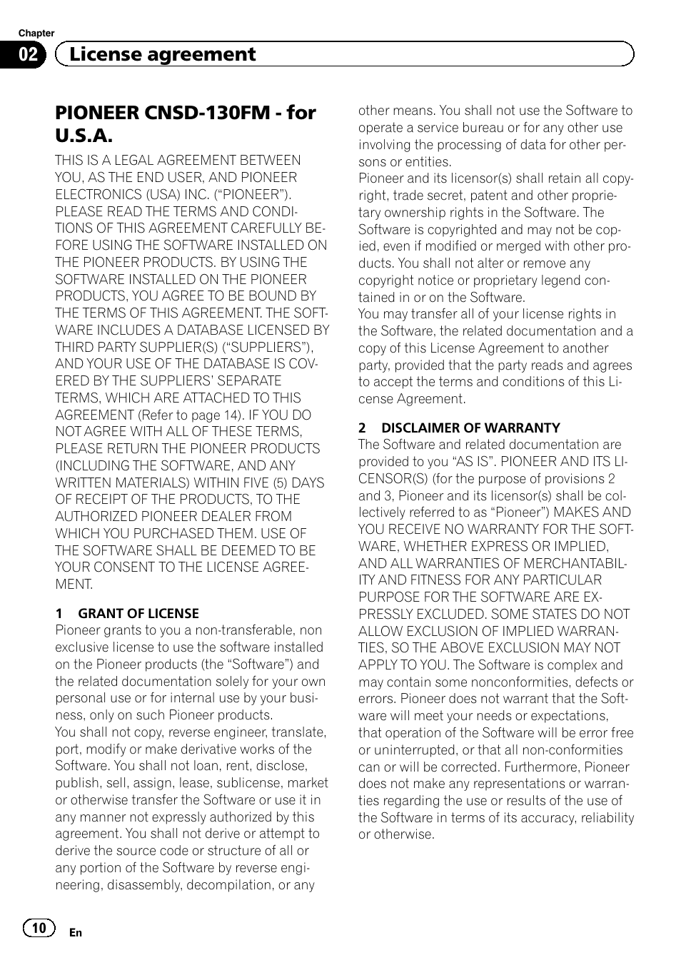 License agreement pioneer cnsd-130fm - for u.s.a, Pioneer cnsd-130fm - for u.s.a, 02 license agreement | Pioneer 2010 NAVIGATION UPGRADE SD-CARD CNSD-130FM User Manual | Page 10 / 144