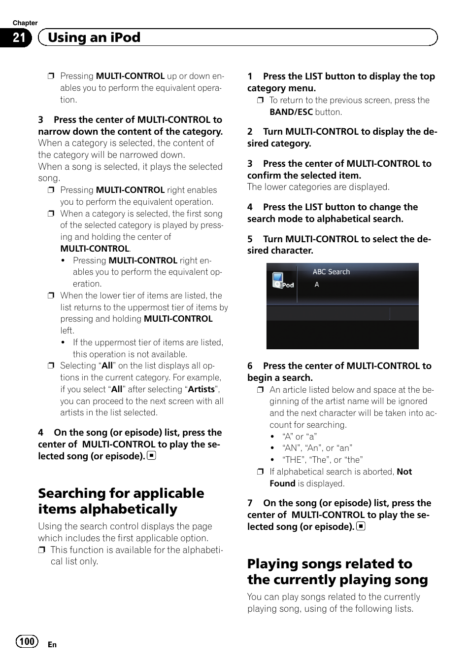 Searching for applicable items, Alphabetically, Playing songs related to the currently playing | Song, Playing songs related, Searching for applicable items alphabetically, 21 using an ipod | Pioneer 2010 NAVIGATION UPGRADE SD-CARD CNSD-130FM User Manual | Page 100 / 144