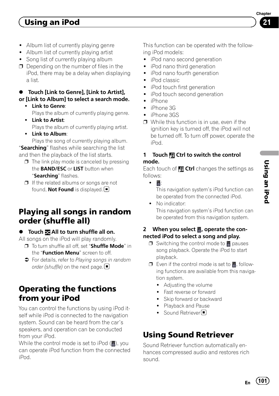 Playing all songs in random order (shuffle, All), Operating the functions from your ipod | Using sound retriever, Using sound re, Operating the func, Playing all songs in, Playing all songs in random order (shuffle all), Using an ipod | Pioneer 2010 NAVIGATION UPGRADE SD-CARD CNSD-130FM User Manual | Page 101 / 144