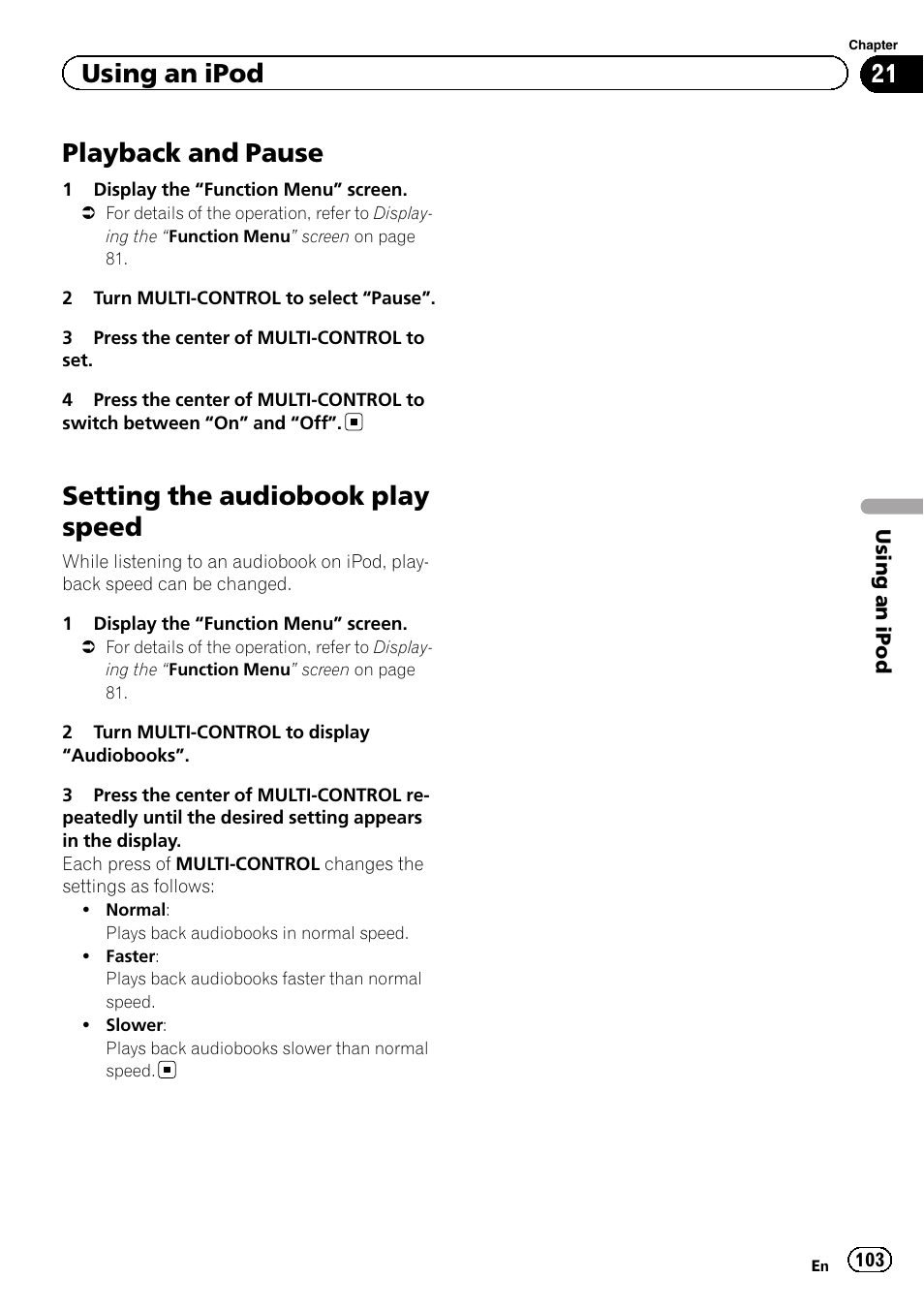 Playback and pause, Setting the audiobook play speed, Using an ipod | Pioneer 2010 NAVIGATION UPGRADE SD-CARD CNSD-130FM User Manual | Page 103 / 144