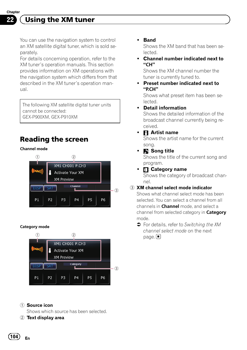 Using the xm tuner reading the screen, Reading the screen, 22 using the xm tuner | Pioneer 2010 NAVIGATION UPGRADE SD-CARD CNSD-130FM User Manual | Page 104 / 144