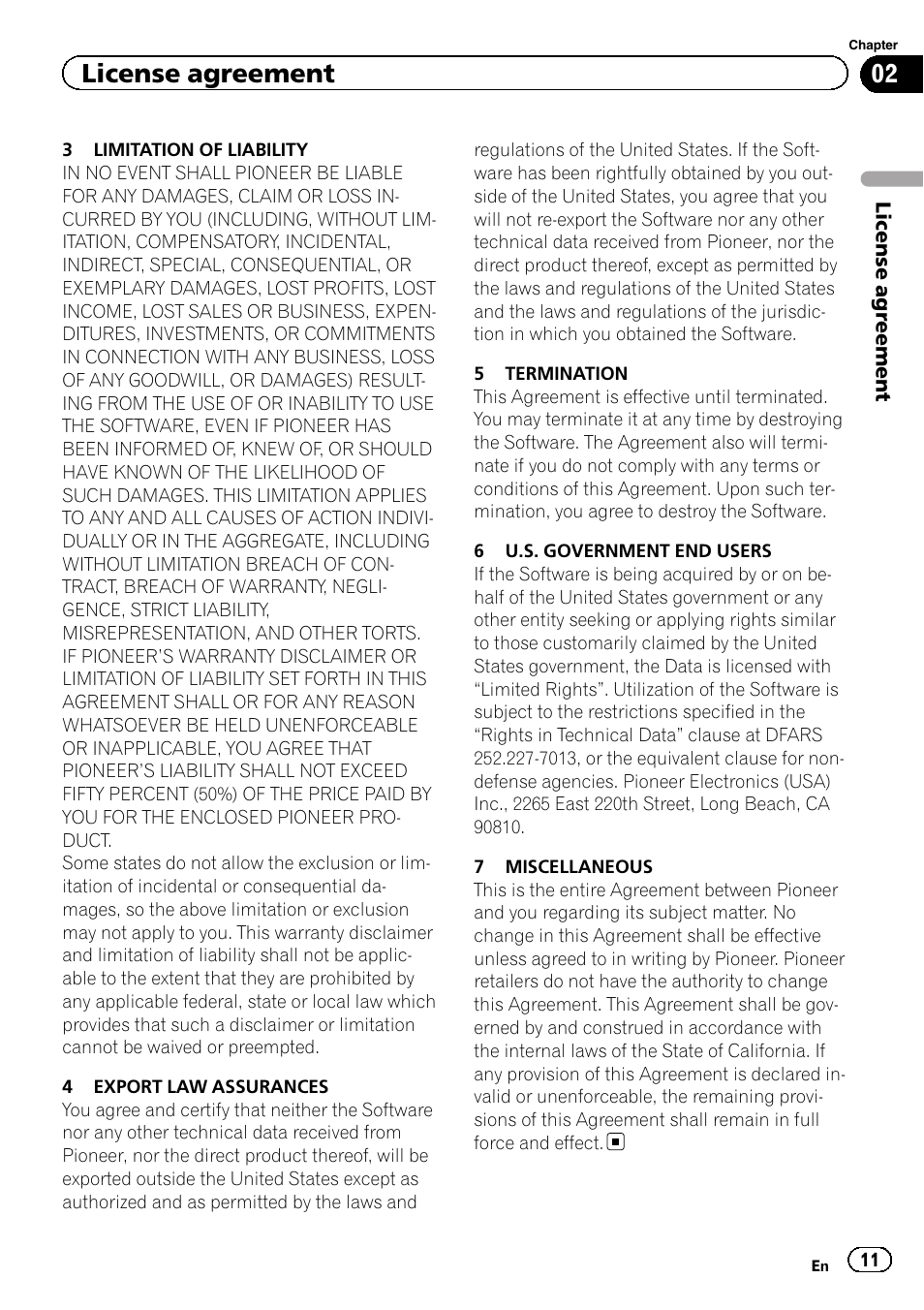 License agreement | Pioneer 2010 NAVIGATION UPGRADE SD-CARD CNSD-130FM User Manual | Page 11 / 144