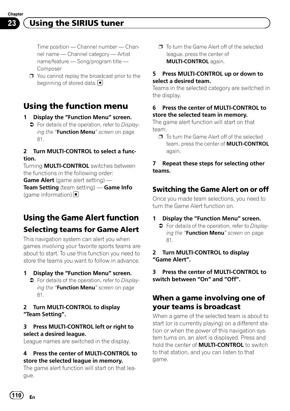 Using the function menu, Using the game alert function, Selecting teams for game alert 110 | Switching the game alert on or, When a game involving one of your, Teams is broadcast, 23 using the sirius tuner, Selecting teams for game alert, Switching the game alert on or off | Pioneer 2010 NAVIGATION UPGRADE SD-CARD CNSD-130FM User Manual | Page 110 / 144
