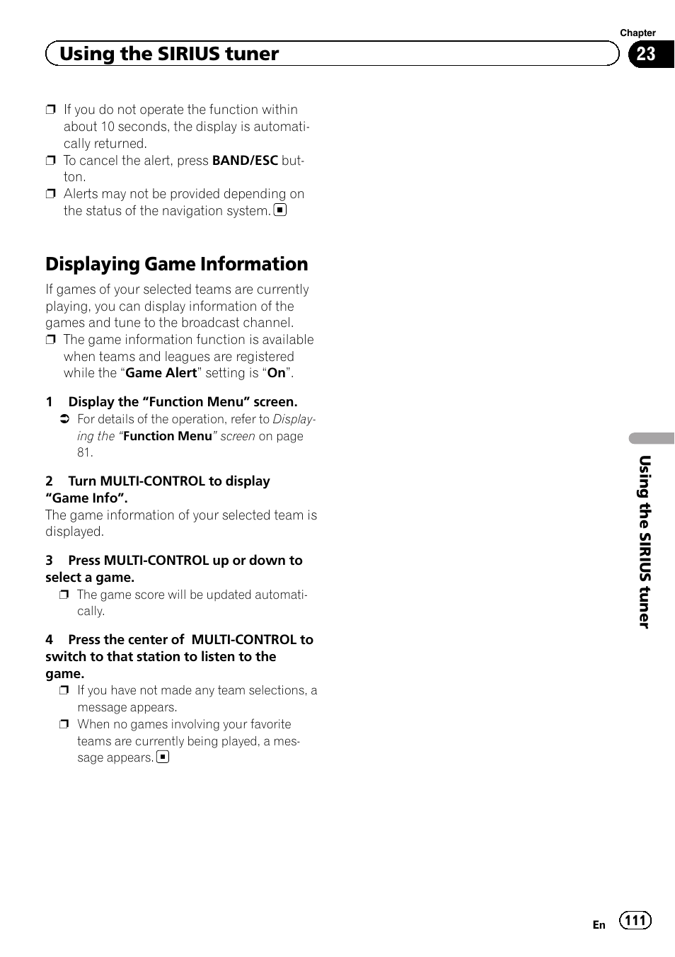 Displaying game information, Using the sirius tuner | Pioneer 2010 NAVIGATION UPGRADE SD-CARD CNSD-130FM User Manual | Page 111 / 144