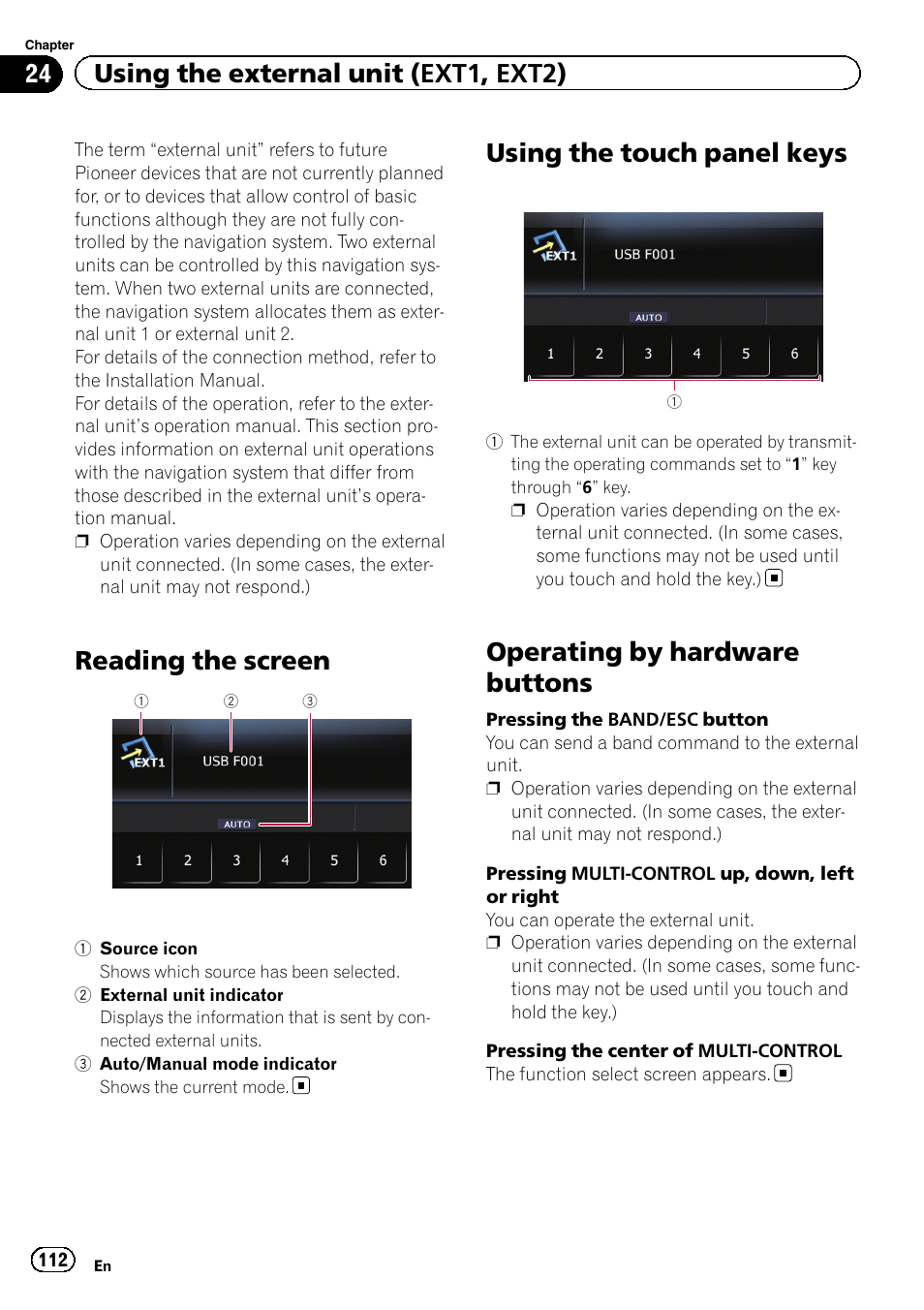 Using the touch panel keys, Operating by hardware buttons, Reading the screen | 24 using the external unit (ext1, ext2) | Pioneer 2010 NAVIGATION UPGRADE SD-CARD CNSD-130FM User Manual | Page 112 / 144