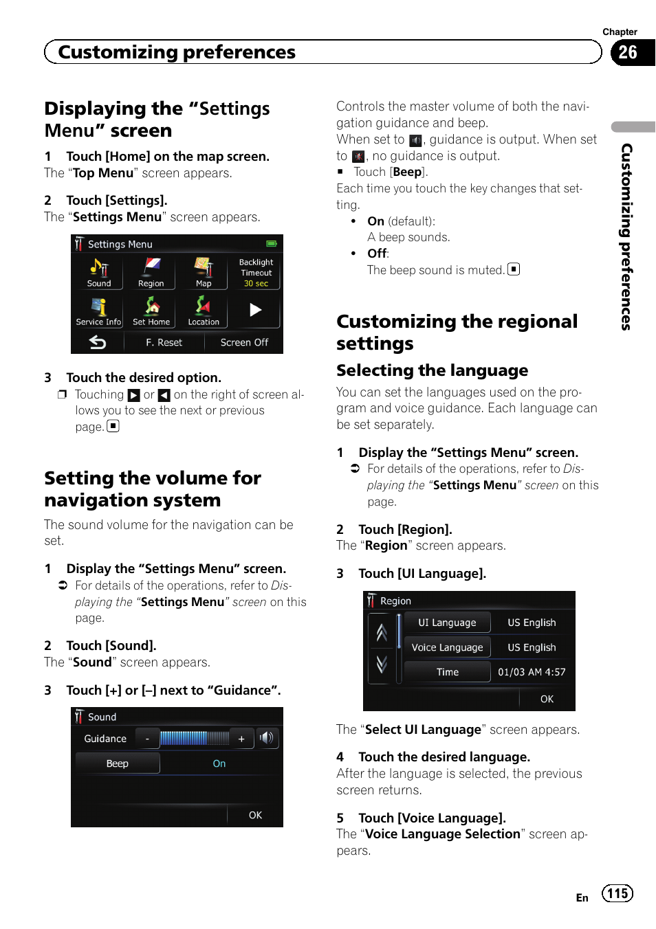 Customizing preferences displaying the, Settings menu” screen 115, Setting the volume for navigation | System, Customizing the regional settings, Selecting the language 115, Displaying the “settings menu ” screen, Setting the volume for navigation system, Customizing preferences | Pioneer 2010 NAVIGATION UPGRADE SD-CARD CNSD-130FM User Manual | Page 115 / 144