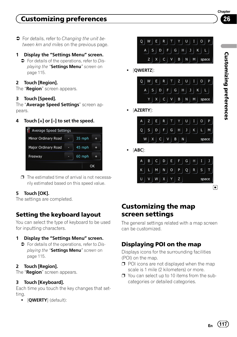 Setting the keyboard layout 117, Customizing the map screen settings, Displaying poi on the map 117 | Displaying poi on the, Customizing preferences, Setting the keyboard layout, Displaying poi on the map | Pioneer 2010 NAVIGATION UPGRADE SD-CARD CNSD-130FM User Manual | Page 117 / 144