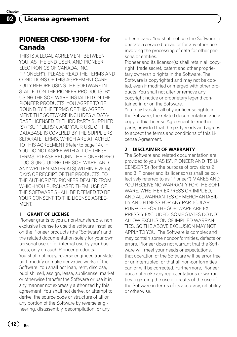 Pioneer cnsd-130fm - for canada, 02 license agreement | Pioneer 2010 NAVIGATION UPGRADE SD-CARD CNSD-130FM User Manual | Page 12 / 144