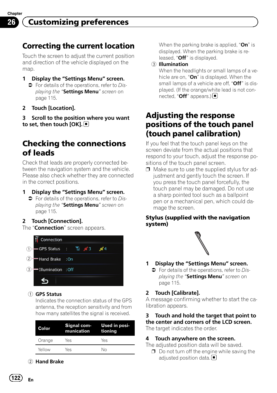 Correcting the current location, Checking the connections of leads, Adjusting the response positions of the | Touch panel (touch panel calibration), 26 customizing preferences | Pioneer 2010 NAVIGATION UPGRADE SD-CARD CNSD-130FM User Manual | Page 122 / 144